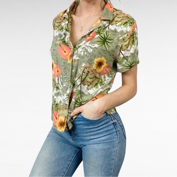 VINTAGE | White Stag Sage Moss Green Tropical Palm Hibiscus Print Hawaiian Shirt - Picture 2 of 8